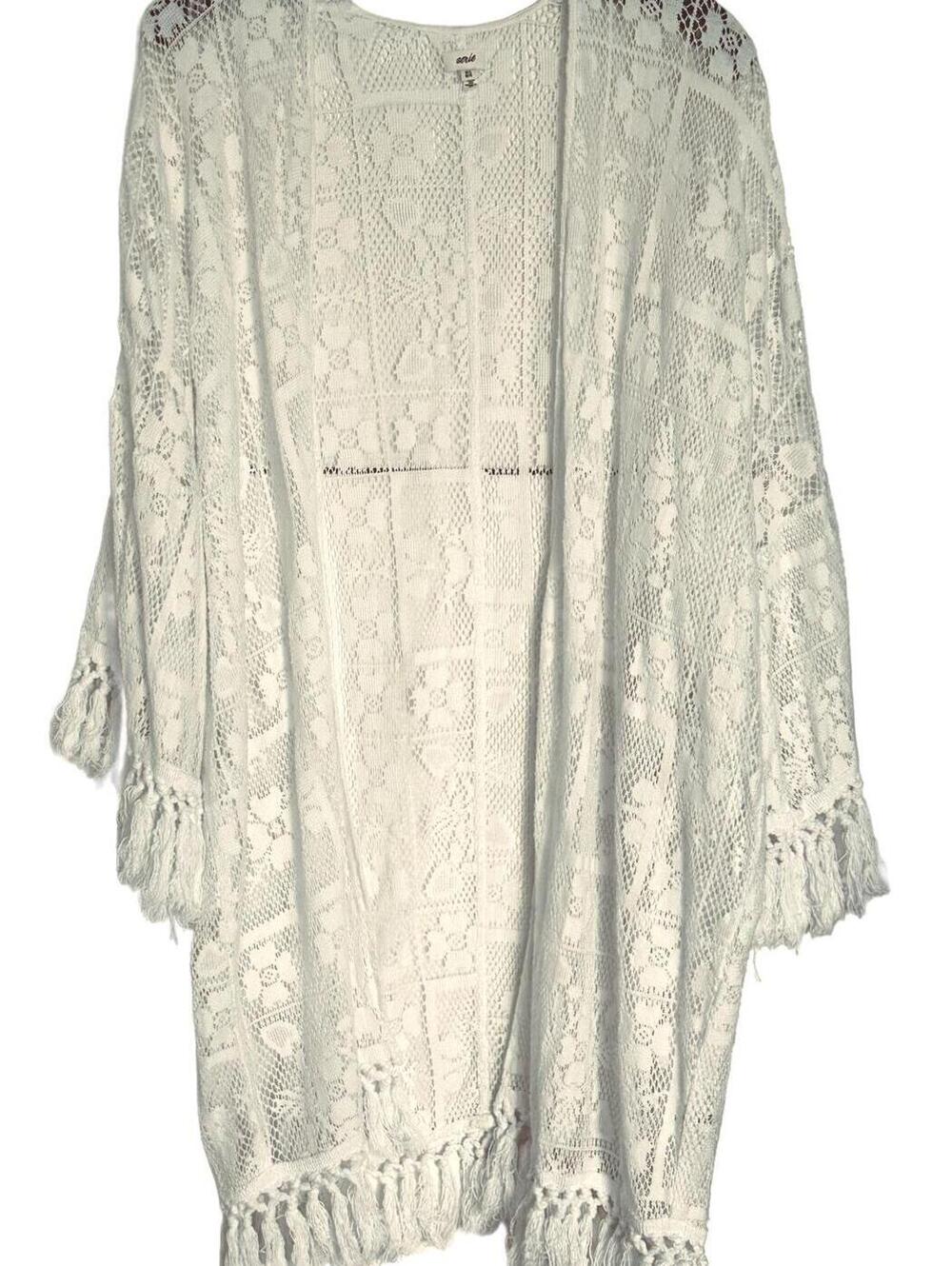 Aerie White Lace Fringe Kimono Cardigan Short Sleeve Open Front Cover-Up - M/L